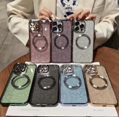 Buy New Luxury Transparent Flash Powder Magnetic Mobile Phone Case Lens Protection For IPhone 11 12 13 14 15 PRO Max With Wireless Charging online manufacture